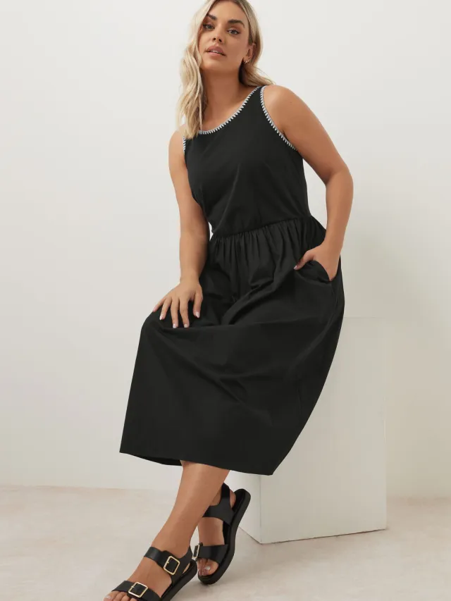Yours Midi Jurk Met Contrasterende Stiksels En Zakken In Zwart-52 Black