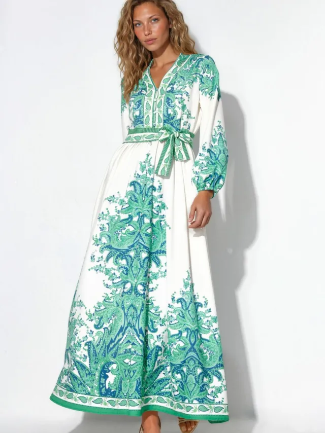 MSN Collection Paisley A-lijn Maxi Jurk Met Strikceintuur Blauw