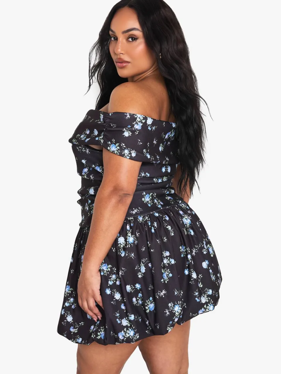 boohoo Dames PLUS DISTY BENGALINE BARDOT PUFFBALL MINI JURK zwart, foto 2