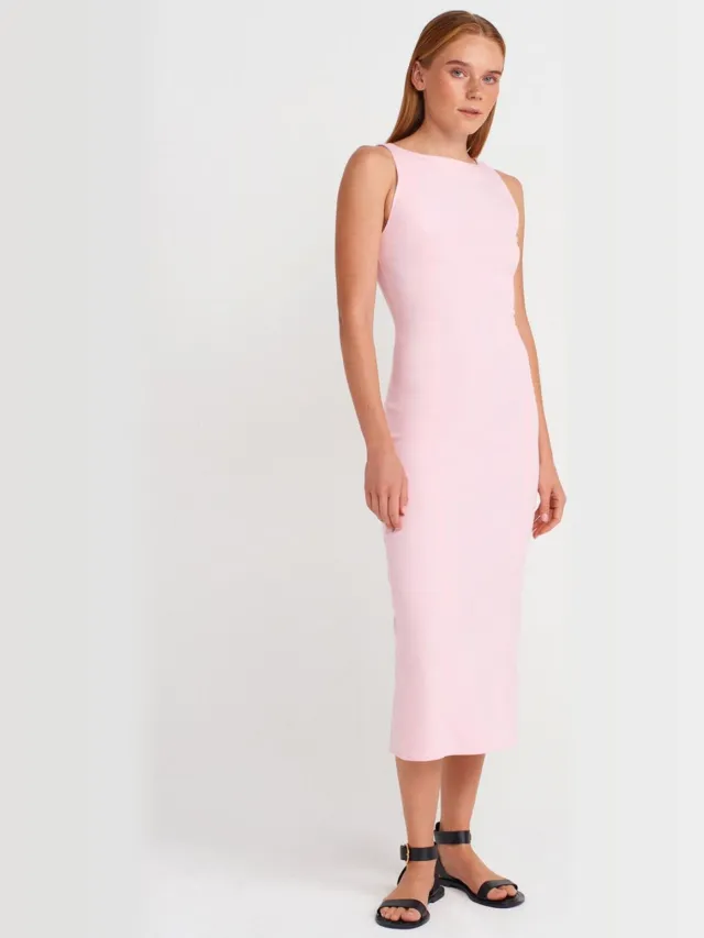 Dilvin Mouwloze Midi Bodycon Jurk Met Splits Lichtroze