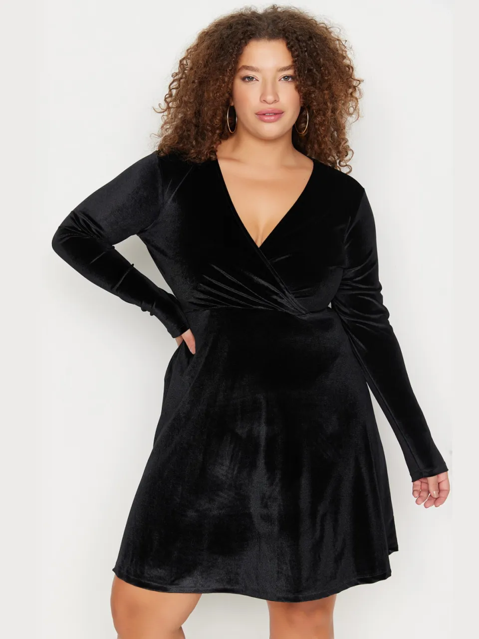 Trendyol Curve Dames Zwart Effen Kort / Mini Lang Stijlvol/Avond Skater Grote maten Jurk