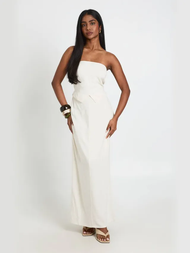 boohoo Dames 2-in-1 Linnen-look Bandeau Column Maxijurk Steen