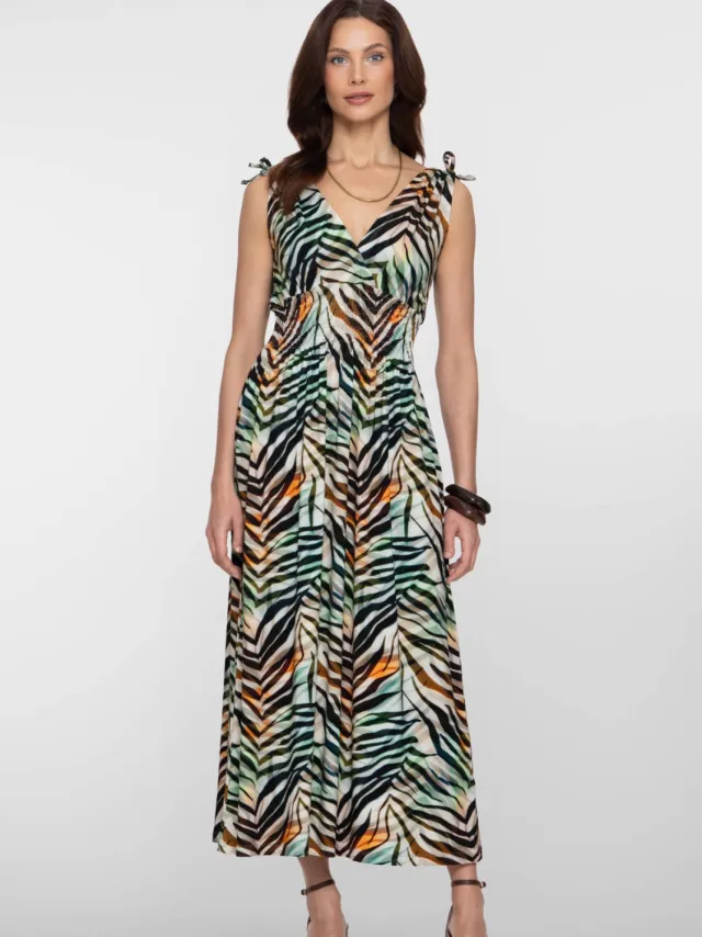 Geisha gestreepte zomerjurk met zebraprint groen Groen/zwart/oranje