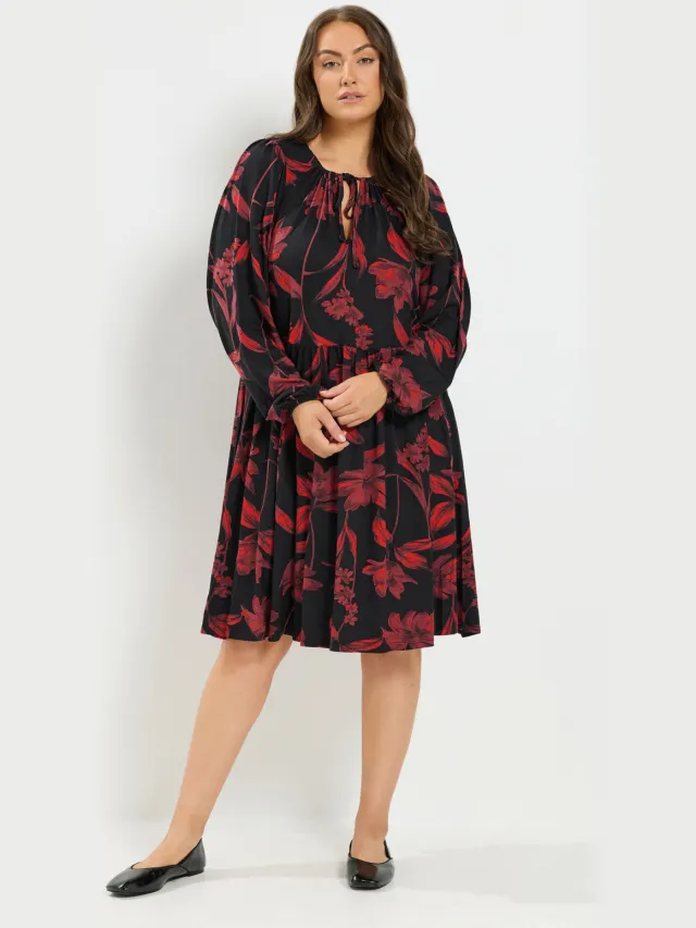 Yours Zwarte Jurk Met Bloemenprint En Strik Aan De Voorkant Black