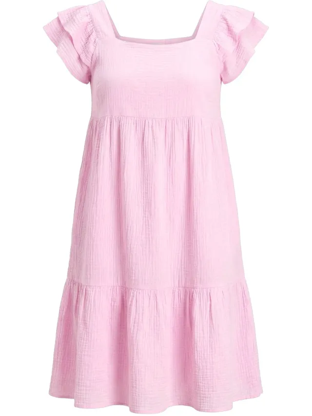 Angel of Style Dames - Mousseline jurk vierkante hals volants - Lichtroze