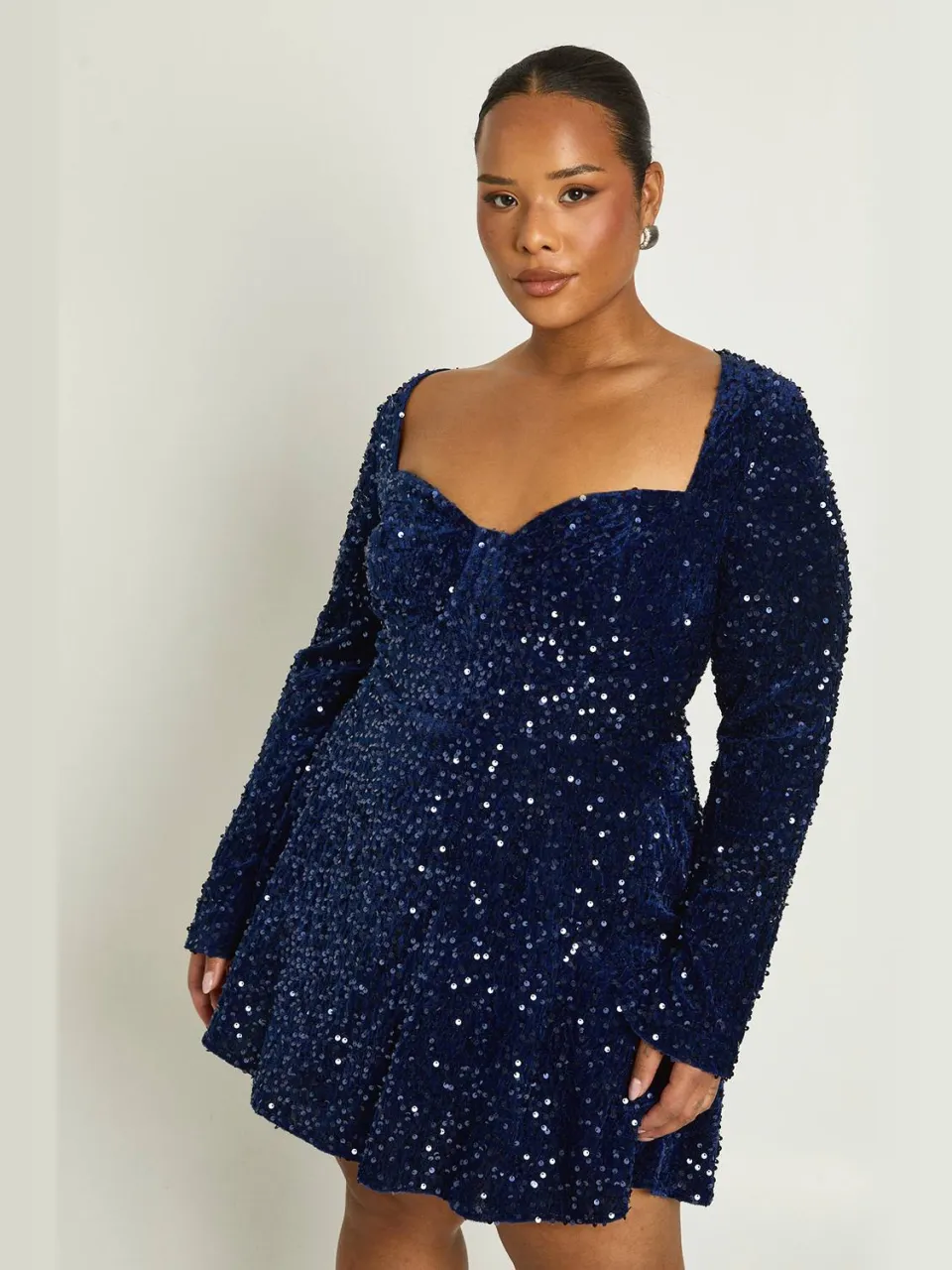 boohoo Dames Plus Sweetheart Hals Lange Mouw Skater Jurk marineblauw, foto 3