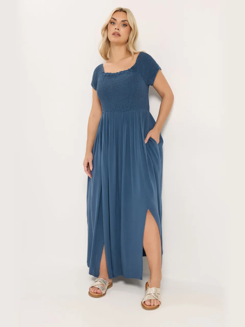 Yours Blauwe Chambray Bardot Maxijurk, foto 2