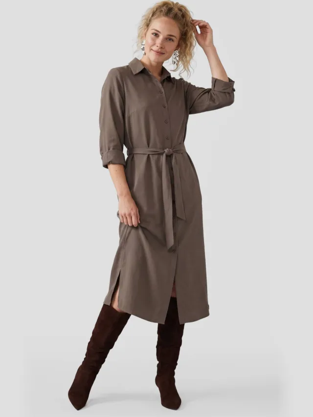TQ-Amsterdam travelstof midi blousejurk met ceintuur - taupe