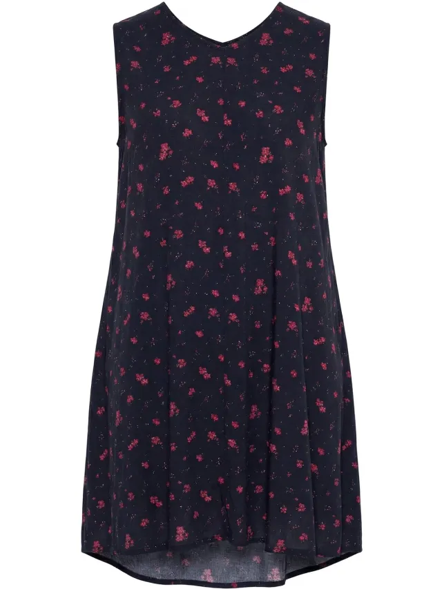 Ulla Popken Dames - Jurk bloemen A-lijn V-hals mouwloos - Zwart - Maat 58+