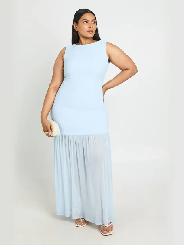 boohoo Dames Plus Doorzichtige Shirt Jurk Met Slash Hals Maxi Babyblauw