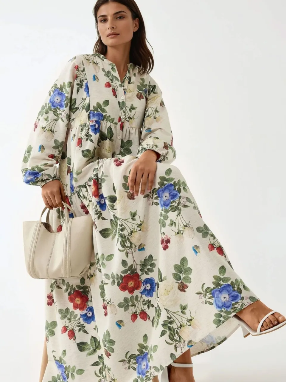Hiccup Bloemen Linnen Voel Crew Neck Maxi Jurk veelkleurig, foto 2