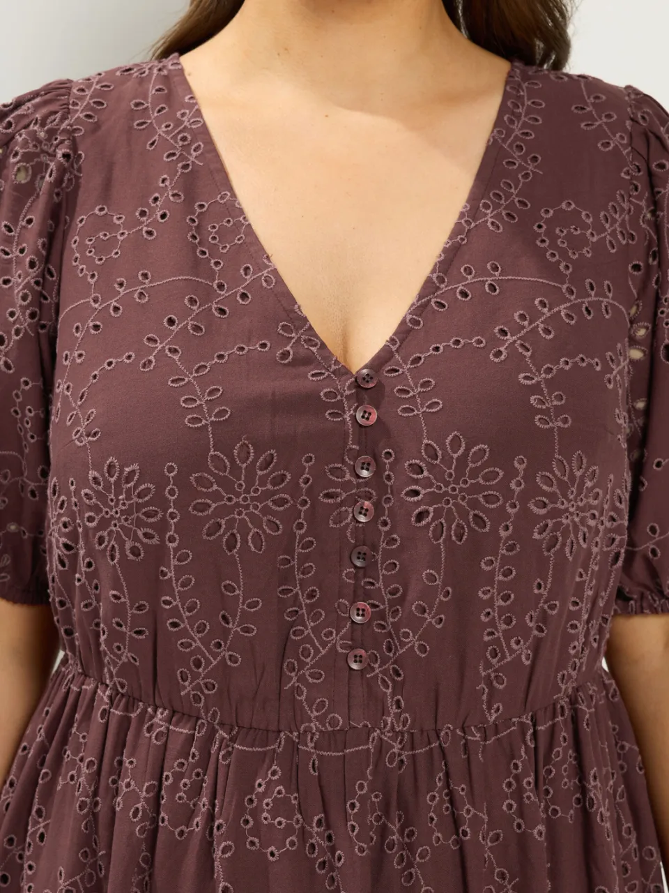 Yours Chocoladebruine Jurk Met Broderie Anglaise-60, foto 3