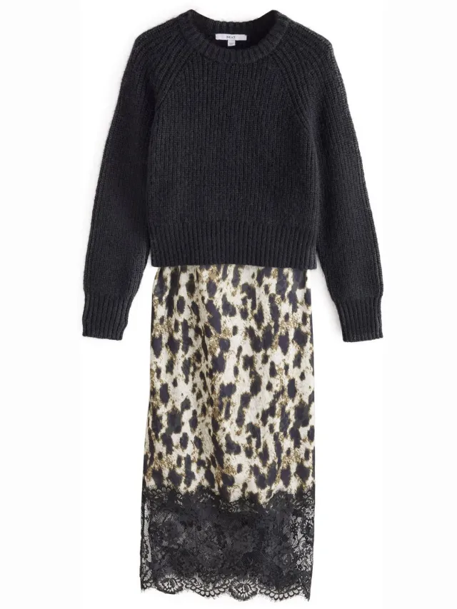Next Dames - 2-in-1 Petite trui-jurk met kanten rand - Petite - Zwart Black/Animal Print
