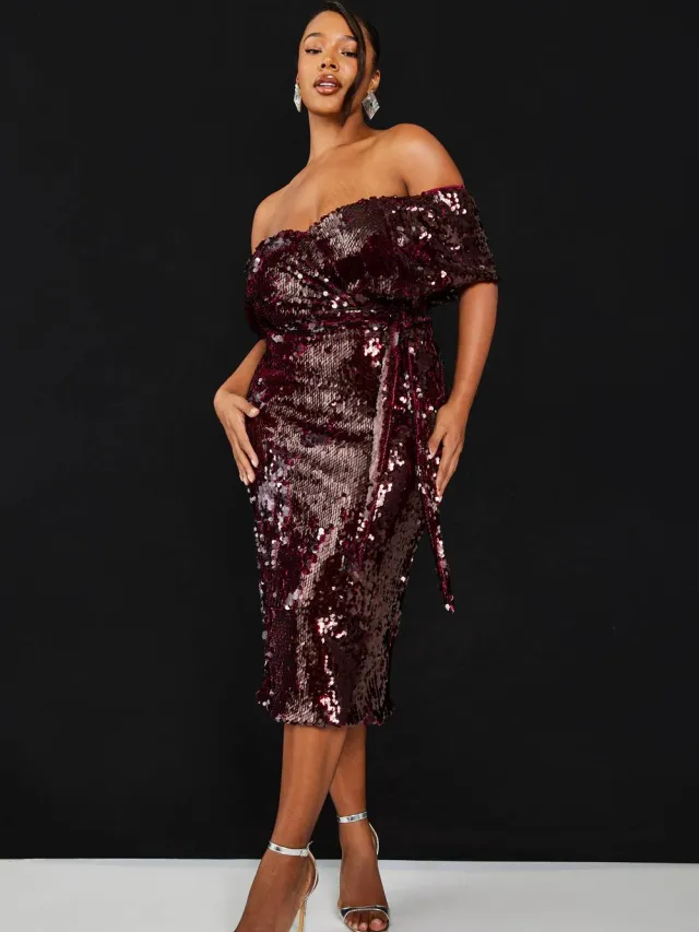 boohoo Dames Plus Premium Pailletten Off The Shoulder Midi Jurk Malbec