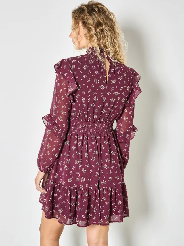 Apricot Mini-jurk met laagjes van chiffon met kleine bloemenprint Burgundy