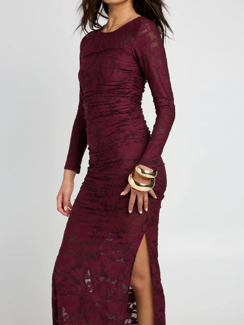 boohoo Dames Burnout Bloemen Lange Mouw Geplooid Body Midaxi Jurk wijn, foto 2