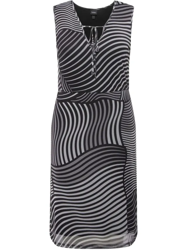 Ulla Popken Dames - mini mesh-jurk grafische print V-hals mouwloos - Zwart