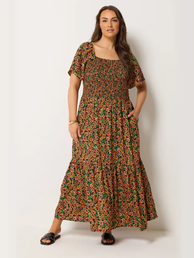 Yours Zwarte Maxijurk Met Bloemenprint En Smockwerk Black