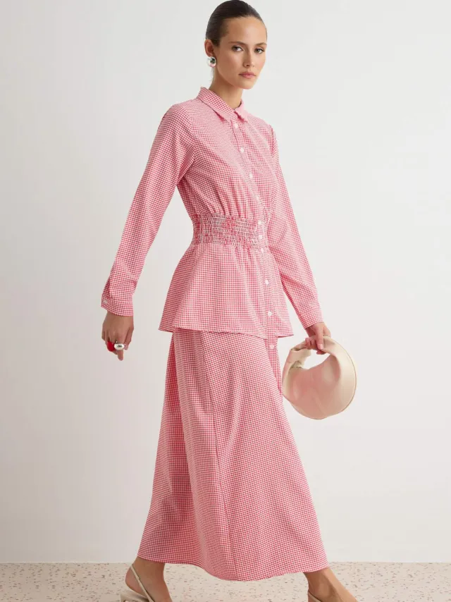 Trendyol Modest Dames Rood Geruit Maxi Lang Casual Skater Modest Jurken, foto 2