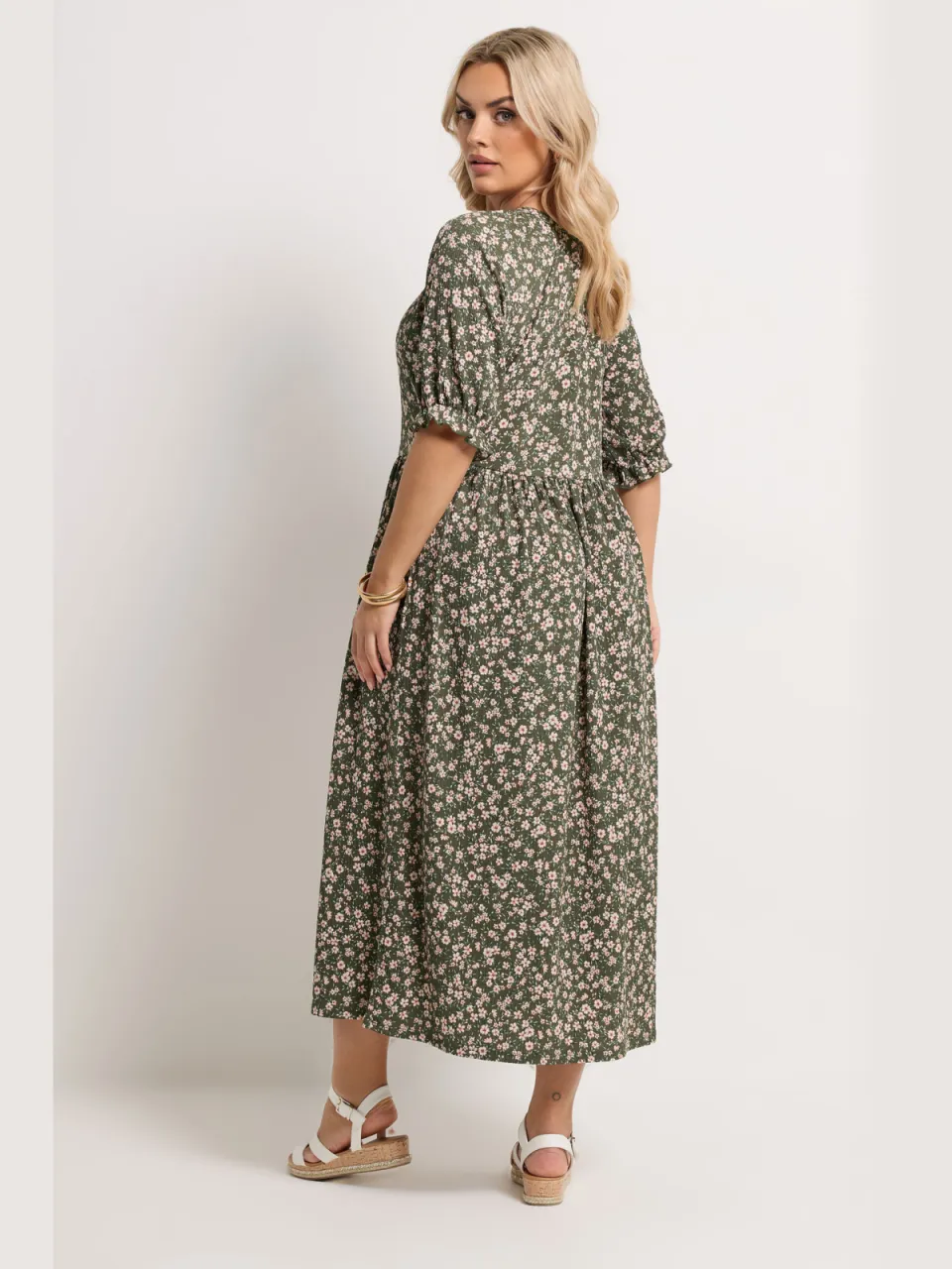 Yours Kaki Groene Maxijurk Met Bloemenprint En Inkeping In De Hals-64, foto 3