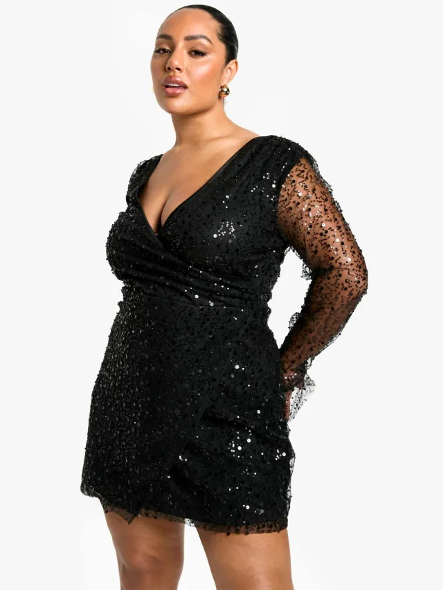 boohoo Dames Plus Kralen- en Paillettenwrapjurk Zwart