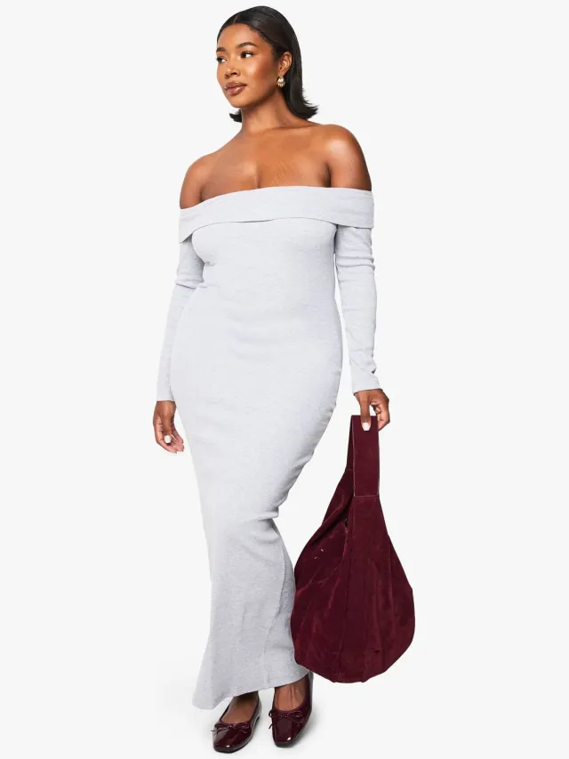 boohoo Dames Plus Basic Geribbelde Bardot Maxi Jurk Grijze Mergel