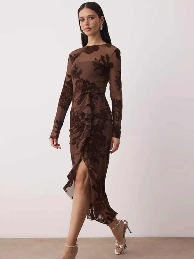 Turkishsouq Dames midi-jurk met bloemenprint, lange, chique/avondjurk, nauwsluitend Bruin