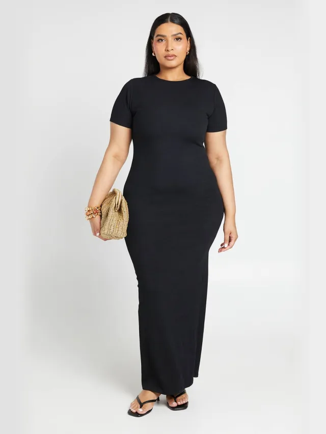boohoo Dames Plus Geribbelde Maxi Jurk Met Korte Mouwen Zwart