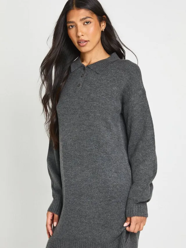 boohoo Dames Lange Gebreide Trui-jurk Met Kraag En Knoopsluiting In Oversized Model Houtskool