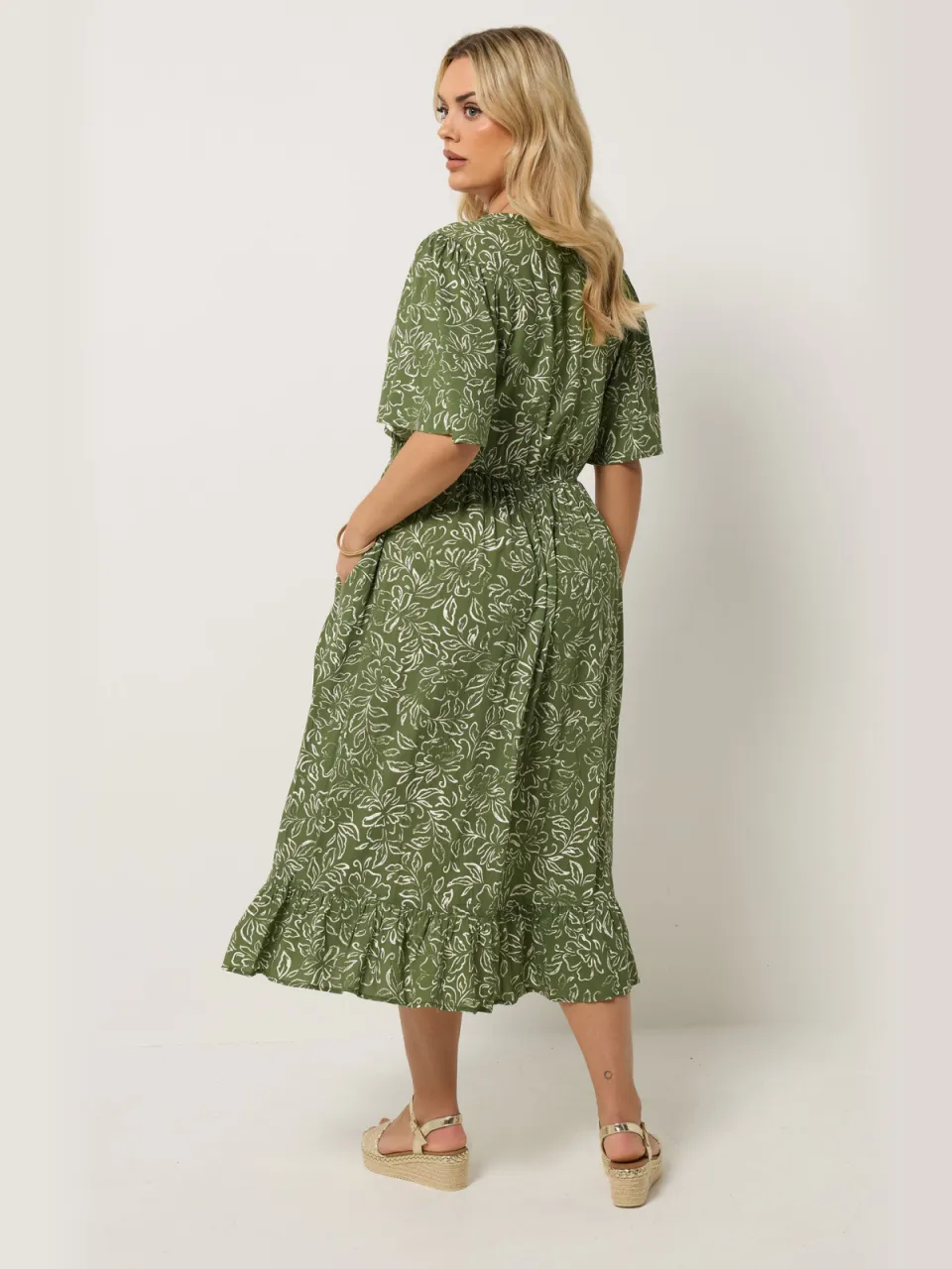 Yours Kaki Groene Midijurk Met Bloemenprint-60, foto 3