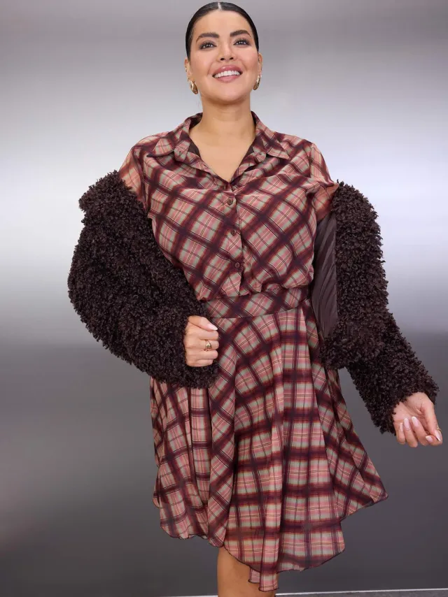 Trendyol Curve Dames Meerkleurig Geruit Kort / Mini Lang Casual Blousejurk Grote maten Jurk Veelkleurig