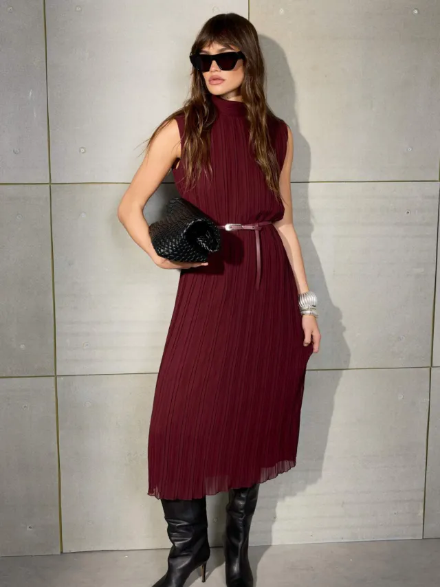 Trendyol TRENDYOLMİLLA Dames Bordeaux Effen Midi Mouwloos Avond / Dagelijks Recht Jurken Bordeauxrood