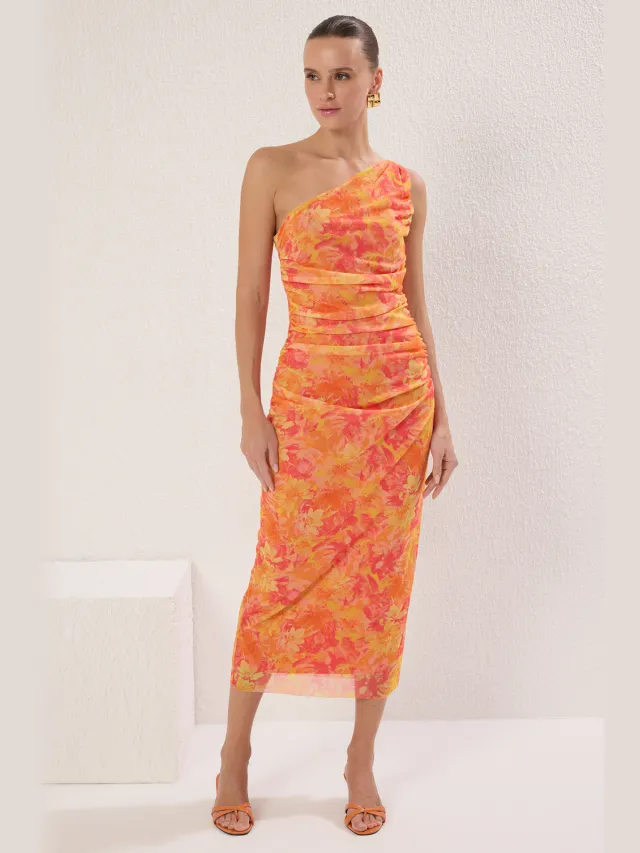 Trendyol TRENDYOLMİLLA Dames Oranje Abstract Maxi Mouwloos Avond / Dagelijks Bodycon Jurken