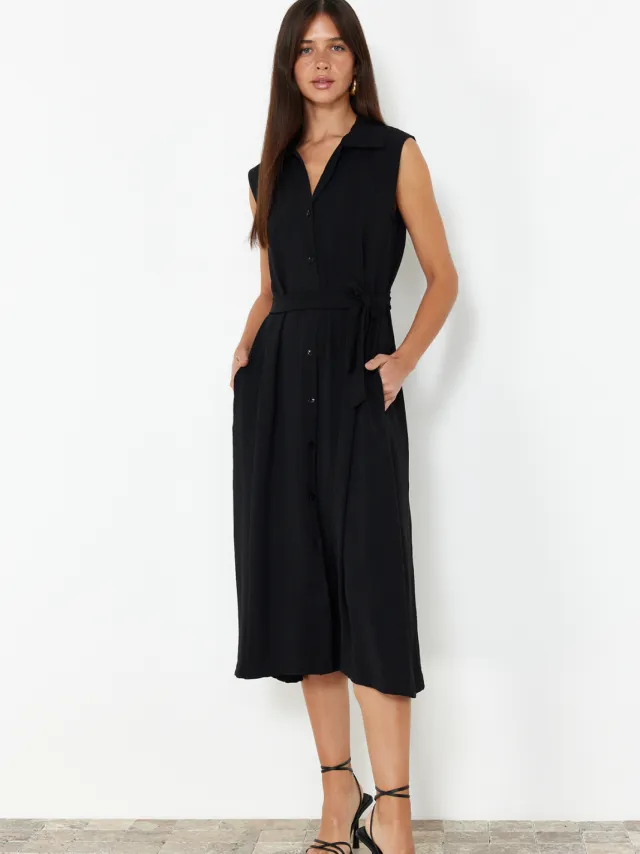 Trendyol TRENDYOLMİLLA Dames Zwart Effen Midi Mouwloos Avond / Dagelijks Blousejurk Jurken
