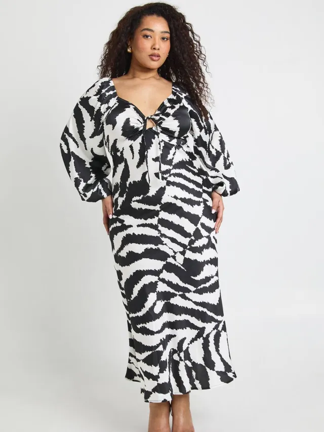 boohoo Dames Plus Gemengde Dierenprint Volume Mouw Satijn Midaxi Jurk Zwart