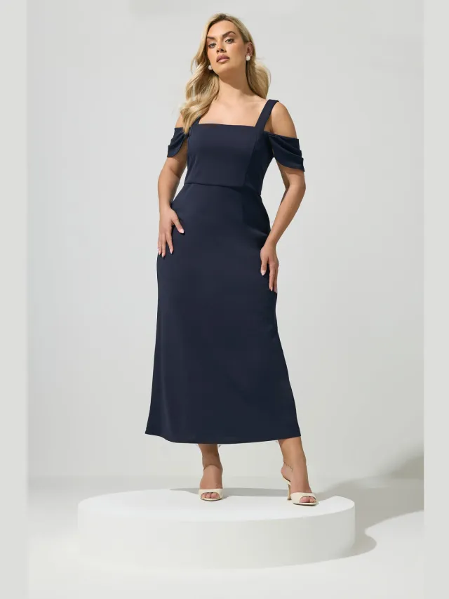 Yours London Marineblauwe Maxijurk Met Open Schouders Blue
