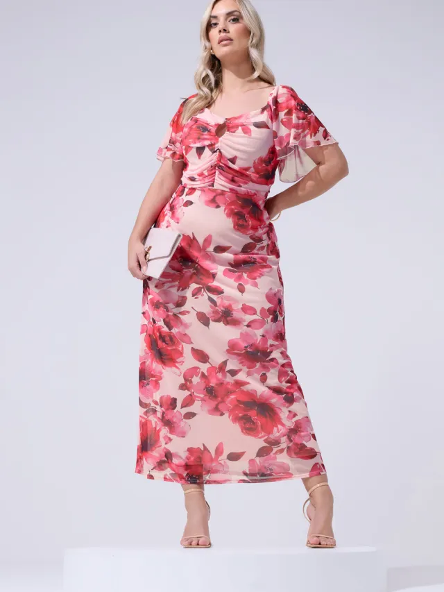 Yours London Roze Bloemenprint Maxijurk Met Keyholedetail-60 Pink