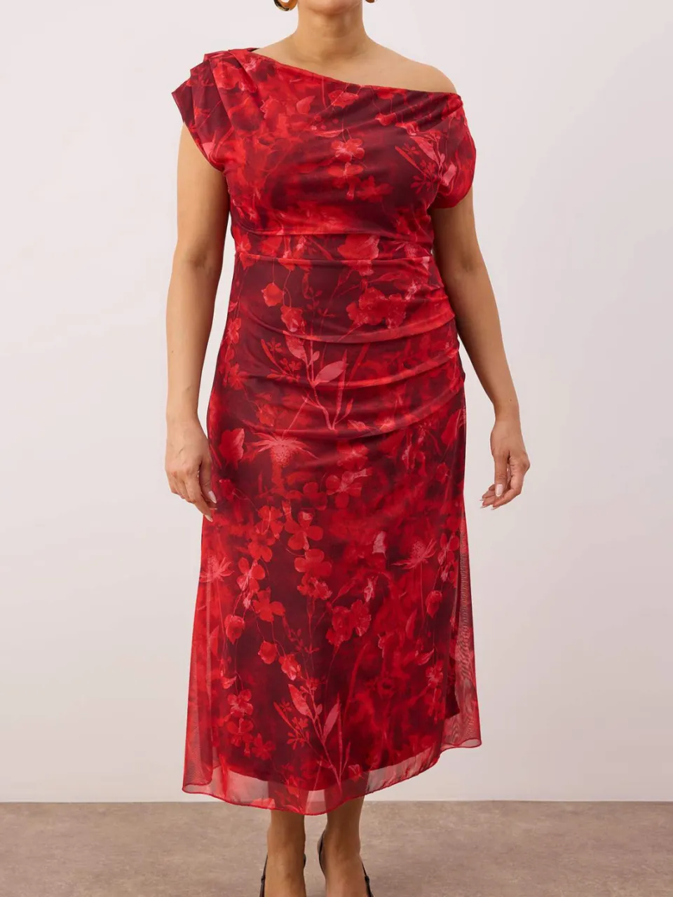 Trendyol Curve Dames Rood Bloemen Midi Mouwloos Casual A-lijn Grote maten Jurk, foto 2
