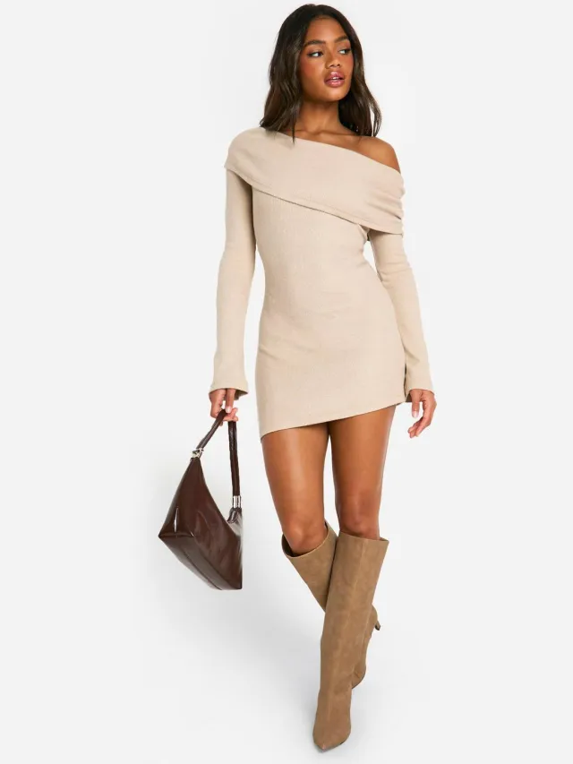 boohoo Dames Geborstelde Rib Mini Lange Mouw Jurk Steen