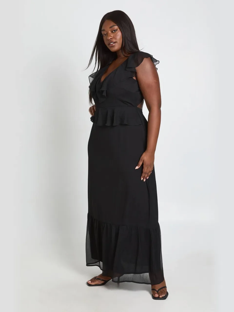 boohoo Dames Plus Chiffon Ruches Plunge Maxi Jurk zwart, foto 2