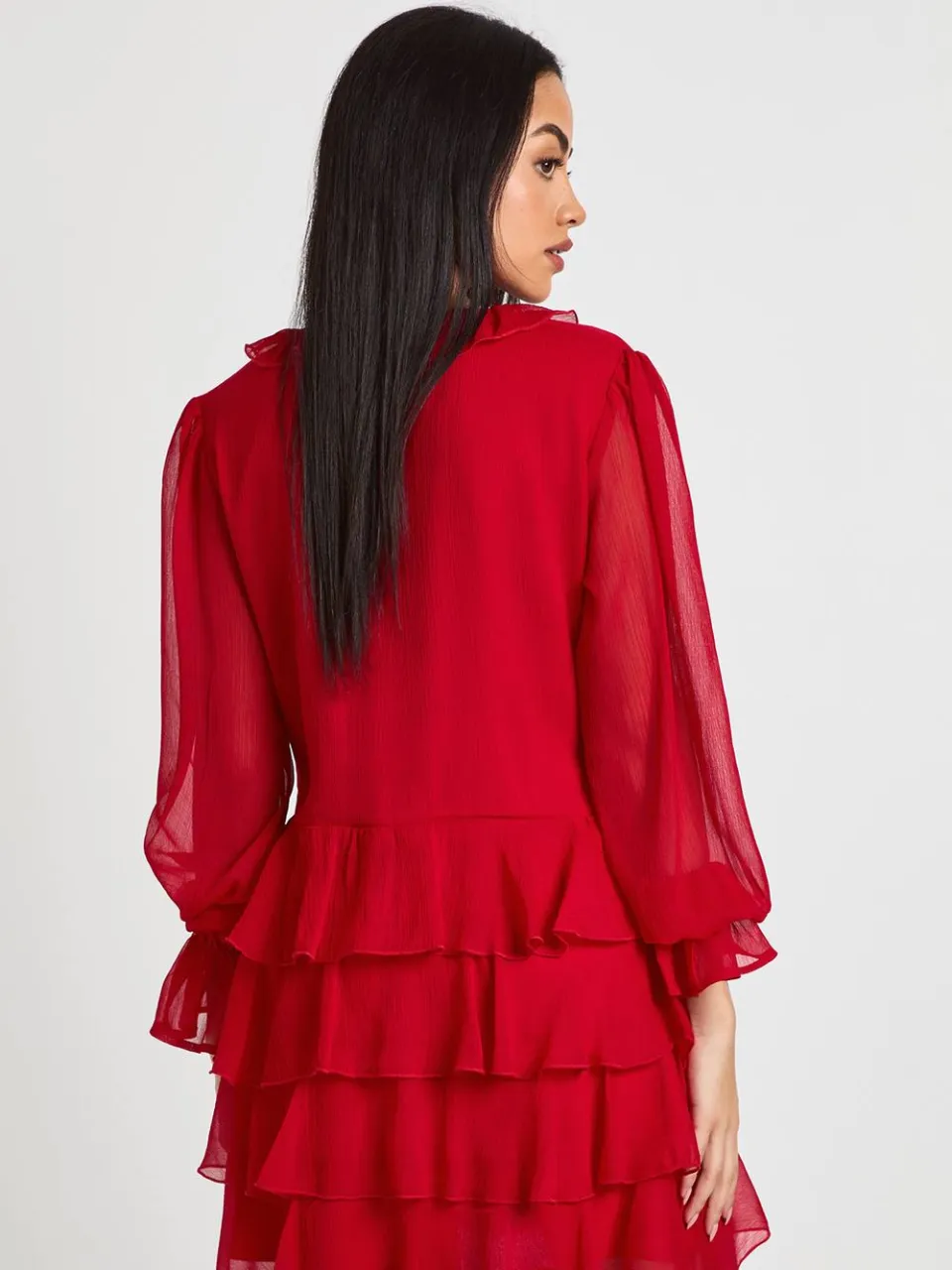 boohoo Dames Chiffon Mini Jurk met Ruffle Details rood, foto 2