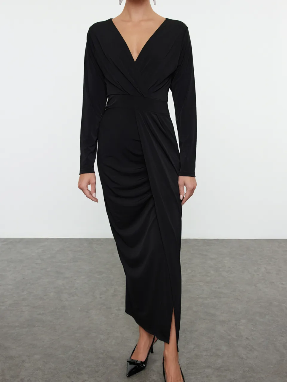 Trendyol TRENDYOLMİLLA Dames Zwart Effen Maxi Lang Stijlvol/Avond Bodycon Jurken, foto 2