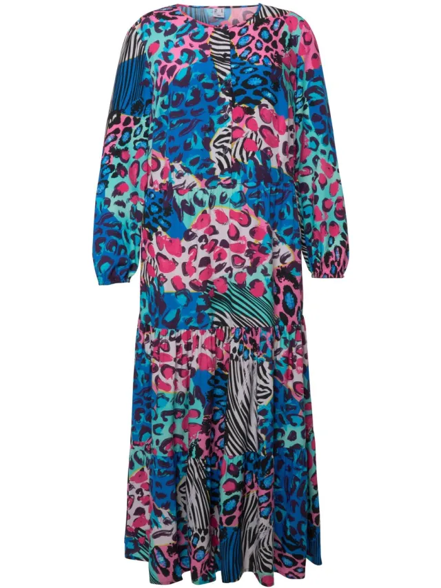 Angel of Style Dames - Maxi-jurk gekleurd luipaardpatroon ronde hals - Koningsblauw
