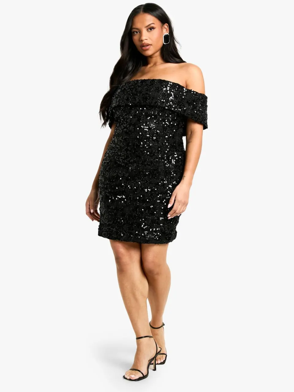 boohoo Dames Plus Off-Shoulder Boucle Shiftjurk Zwart