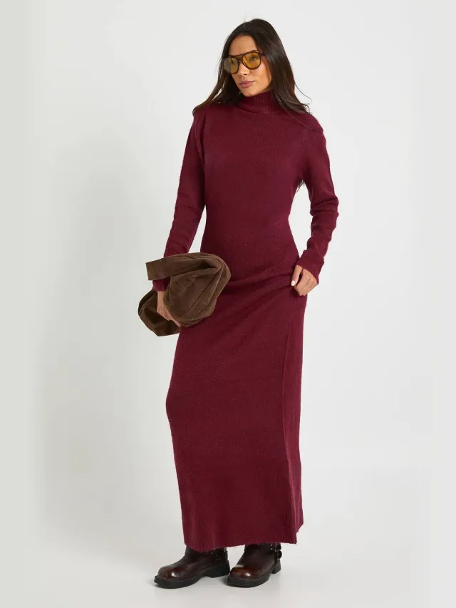 boohoo Dames Lange superzachte hoge nek gebreide maxi-jurk Bordeaux Rood
