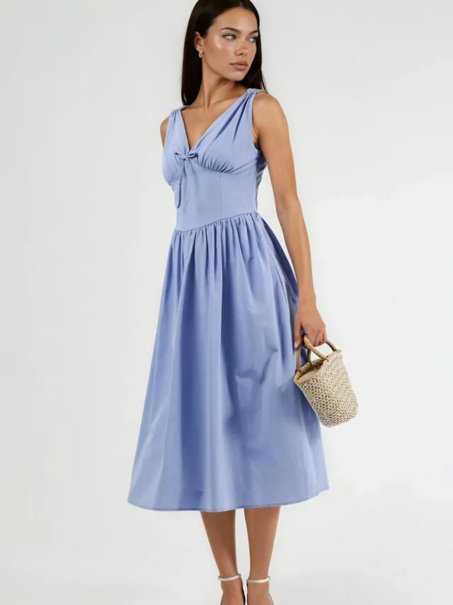 Busem V-hals Midi-jurk met Strikdetail Blauw