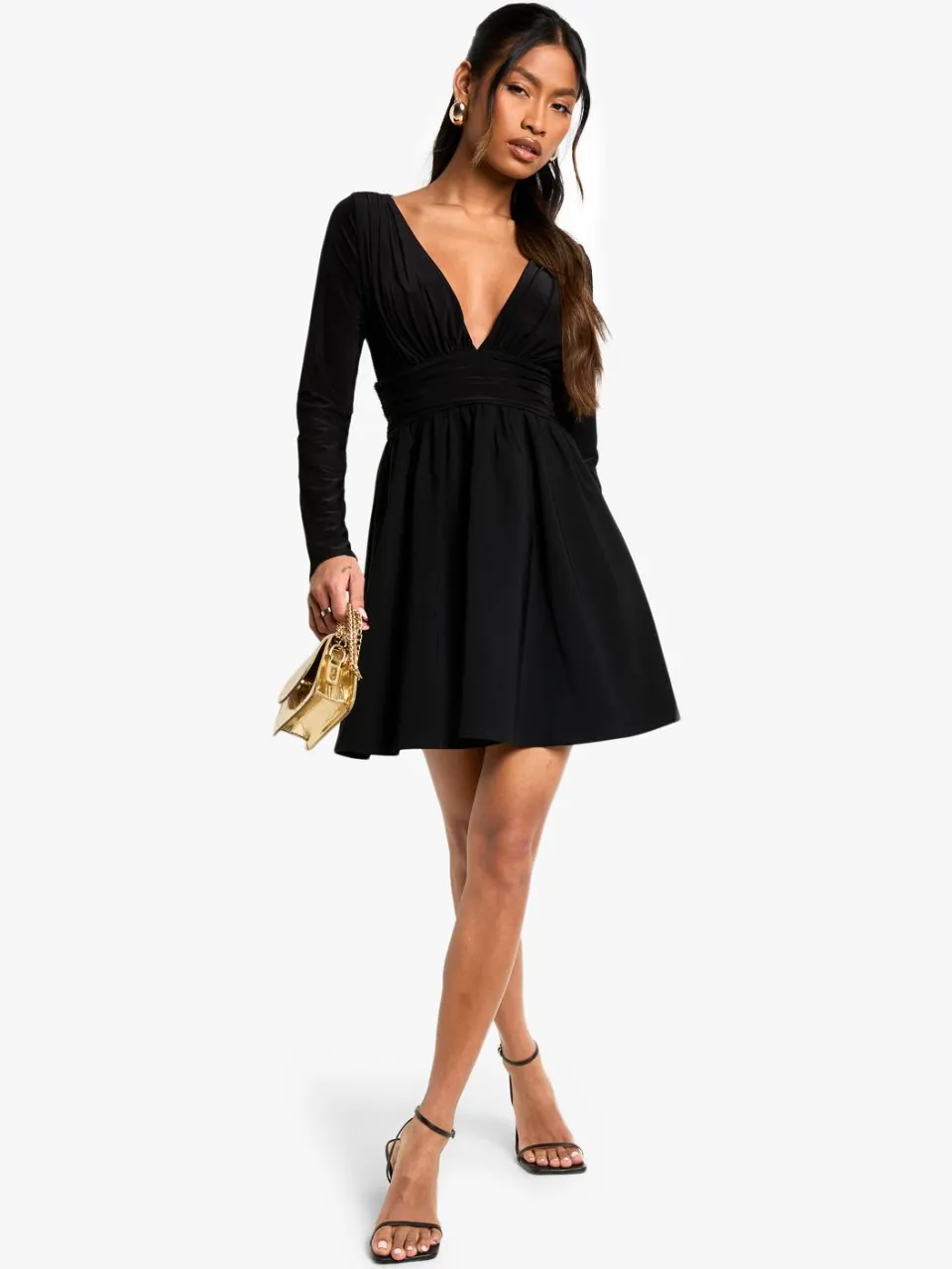 boohoo Dames Bengaline en Slinky Mix Plunge Mini Jurk zwart, foto 3