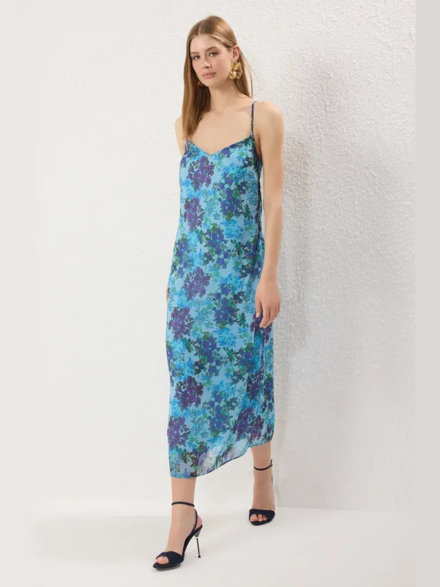 Trendyol TRENDYOLMİLLA Dames Blauw Abstract Maxi Mouwloos Avond / Dagelijks A-lijn Jurken