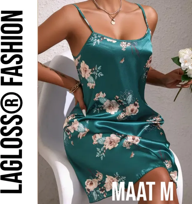 LaGloss Turquoise Bloemenprint Slaapjurk Satijn – Mouwloos & Elegant Lente/Zomer - Nachtjurk – Groen