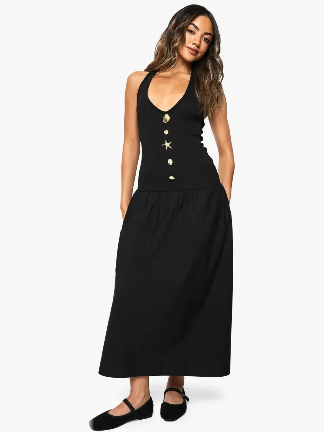 boohoo Dames Zeester Gouden Rand Rib Poplin Mix Midaxi Jurk Zwart